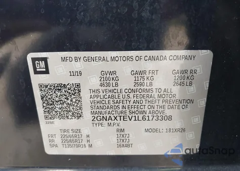 2020 Chevrolet Equinox Awd 2Fl z USA, uszkodzony, nr VIN 2GNAXTEV1L6173308